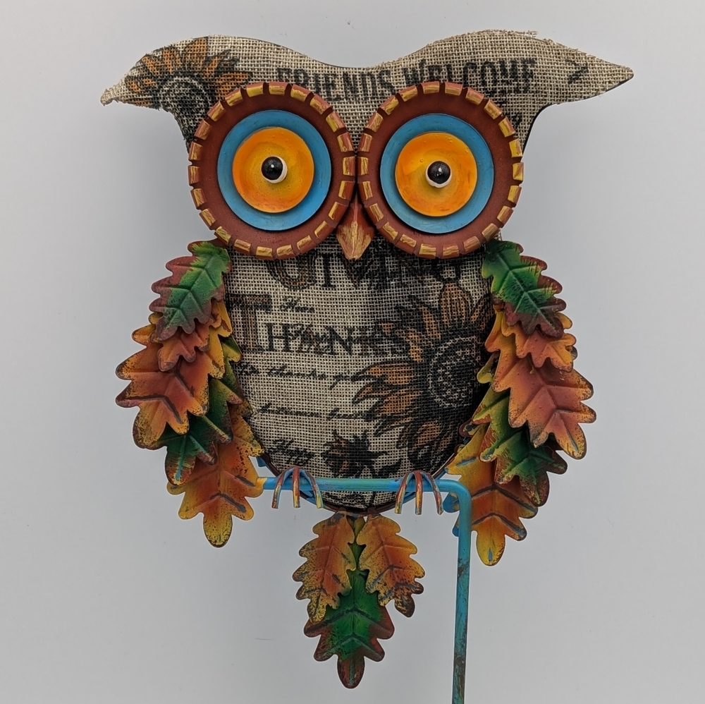 Decorative Metal Fabric Owl Perch Stand Leaves  Turquoise Orange Giving Thanks